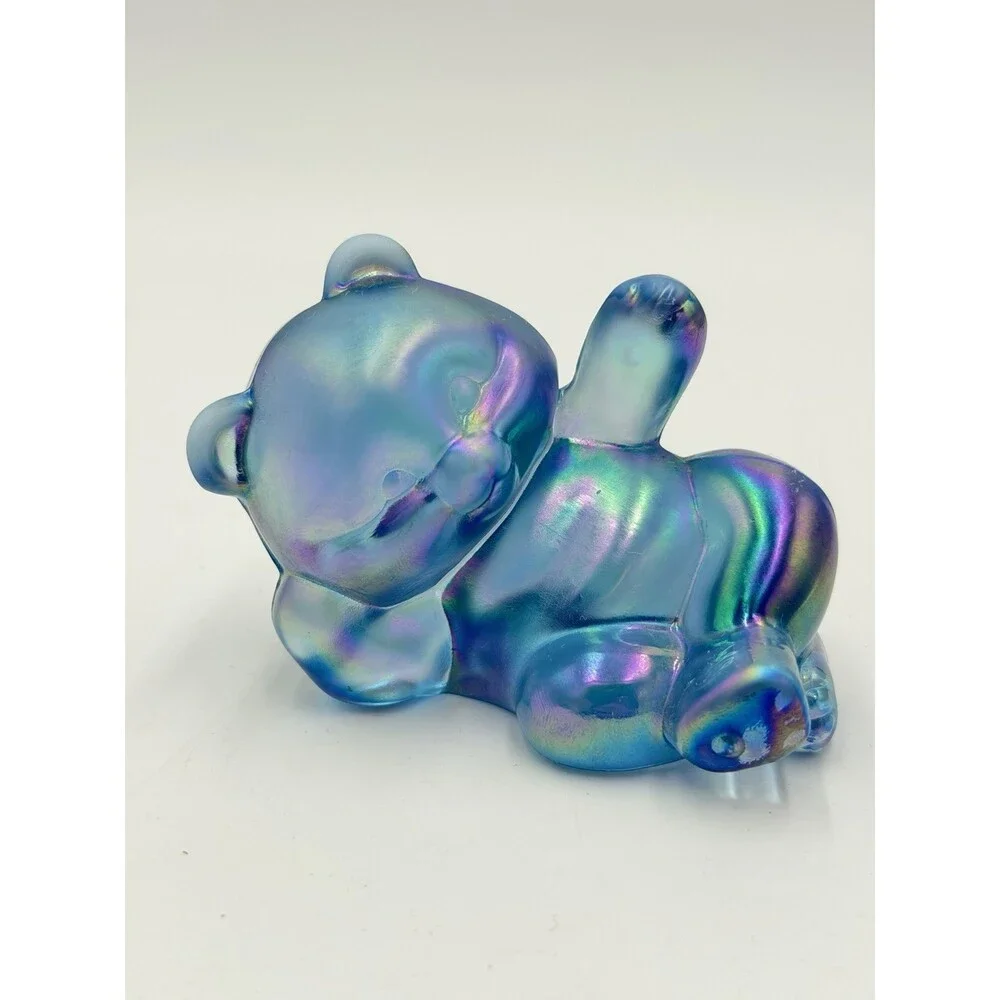 Fenton Art Glass Iridescent Opalescent Misty Blue Glass Laying Bear Figurine